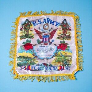 Vintage U.S. Army Ft Gordon Mother Dad Pillow Cover Yellow Fringe Souvenir